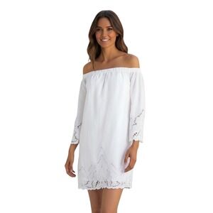 Polo Ralph Lauren Womens Medium White Linen Off Shoulder Eyelet Dress Coastal